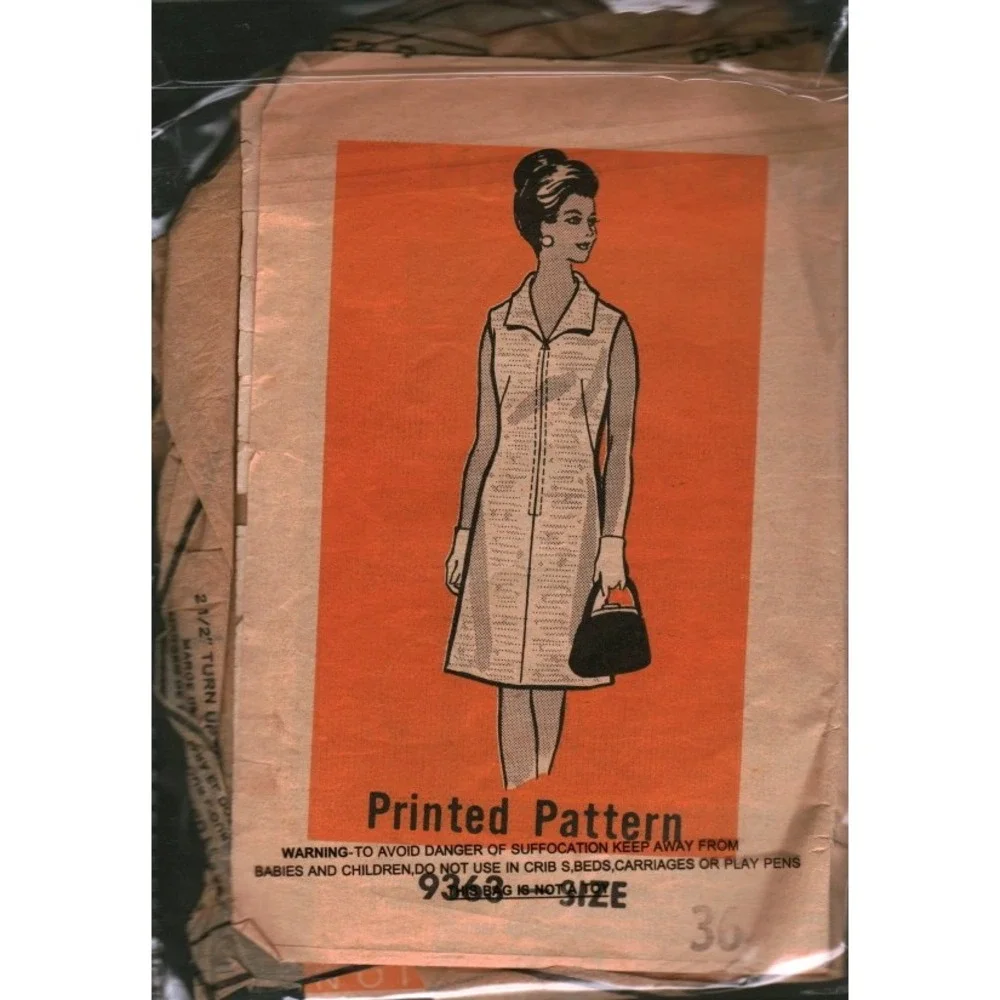 Vintage 60s Mail Order Sewing Pattern 9363 A-Line Shift Dress Front Zip Size 36